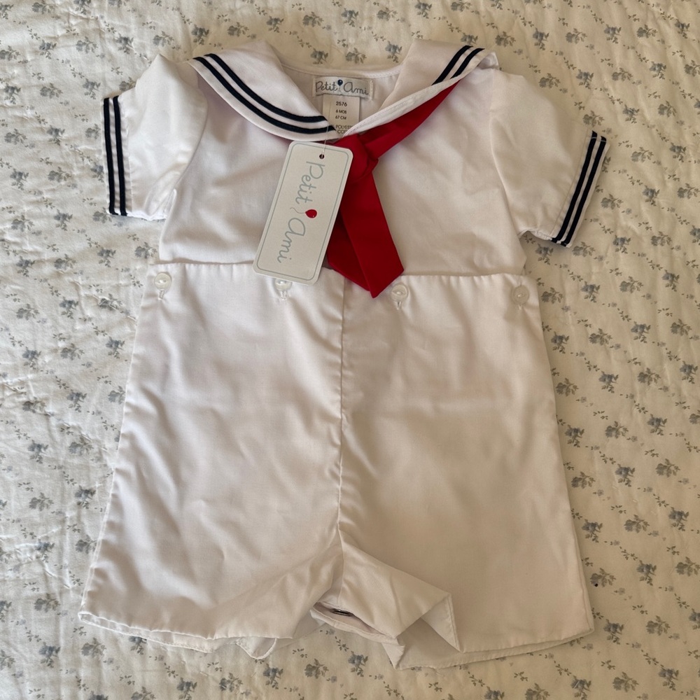 Petit Ami White Sailor Bodysuit with Red Tie